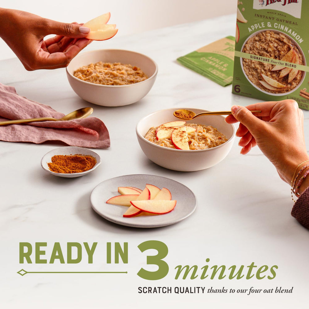Bob's Red Mill Apple & Cinnamon oats served in a creamy bowl