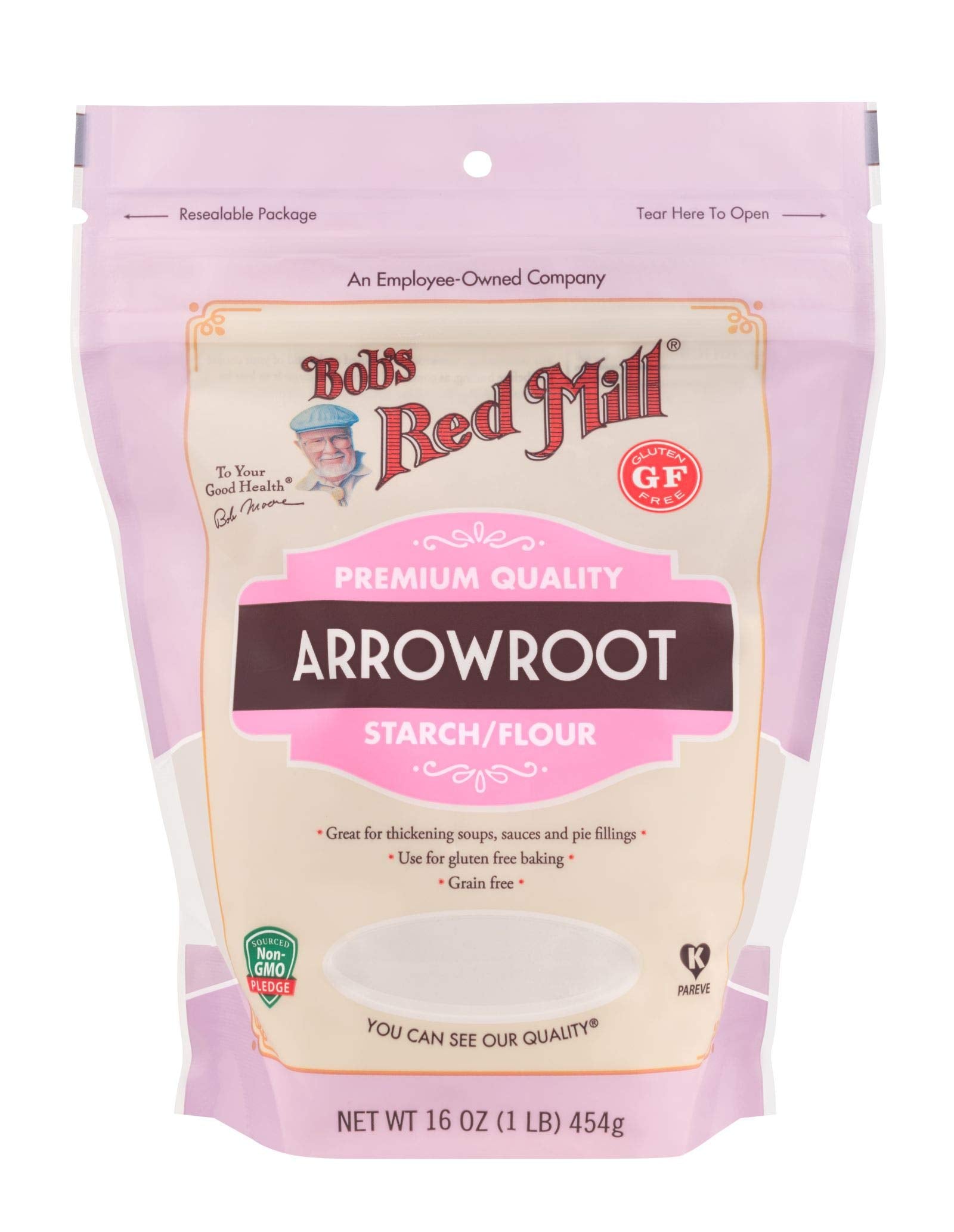 Bob's Red Mill Arrowroot Flour package showing a 16 oz bag for gluten-free baking