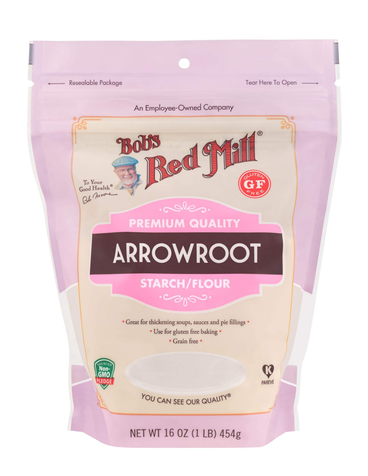 Bob's Red Mill Arrowroot Flour package showing a 16 oz bag for gluten-free baking