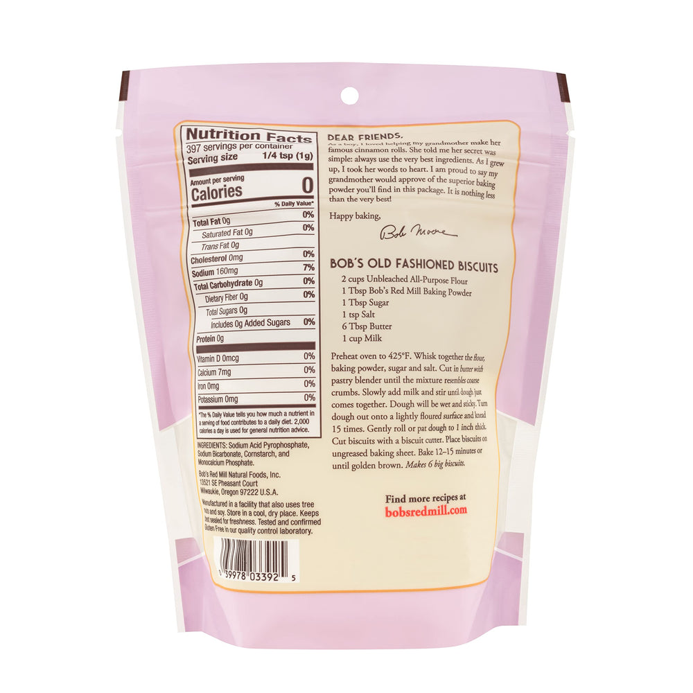 Bob's Red Mill Baking Powder label closeup showing brand details for dependable baking results.