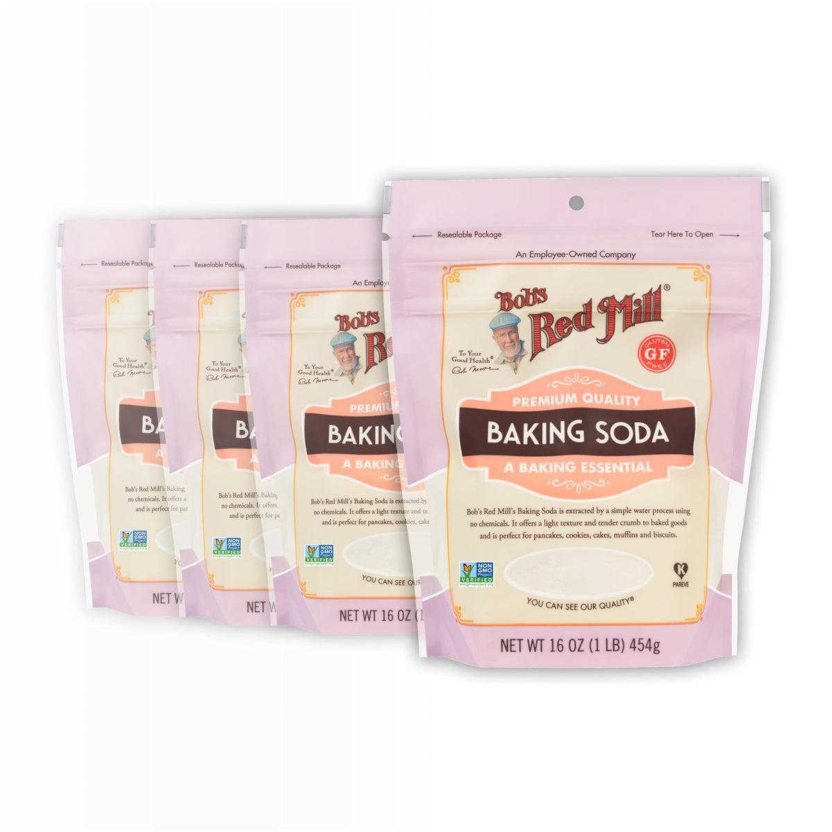 Bob's Red Mill baking soda box front showcasing versatile baking and cleaning uses.