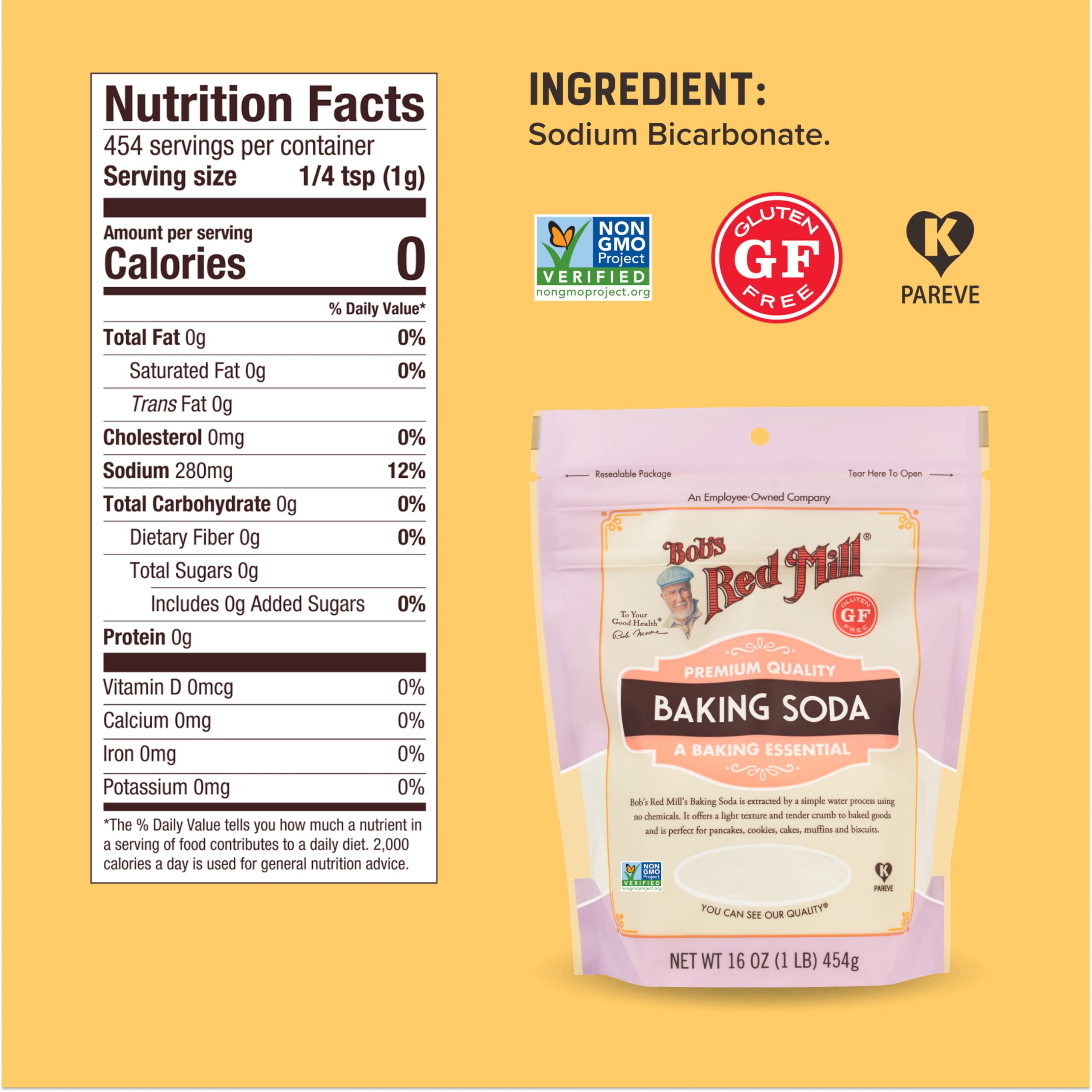 Close-up of pale crystals of Bob's Red Mill baking soda.