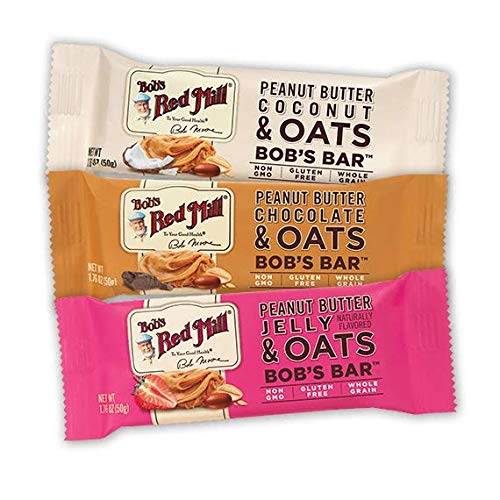 Grocery store display featuring Bob's Red Mill peanut butter chocolate & oats bar