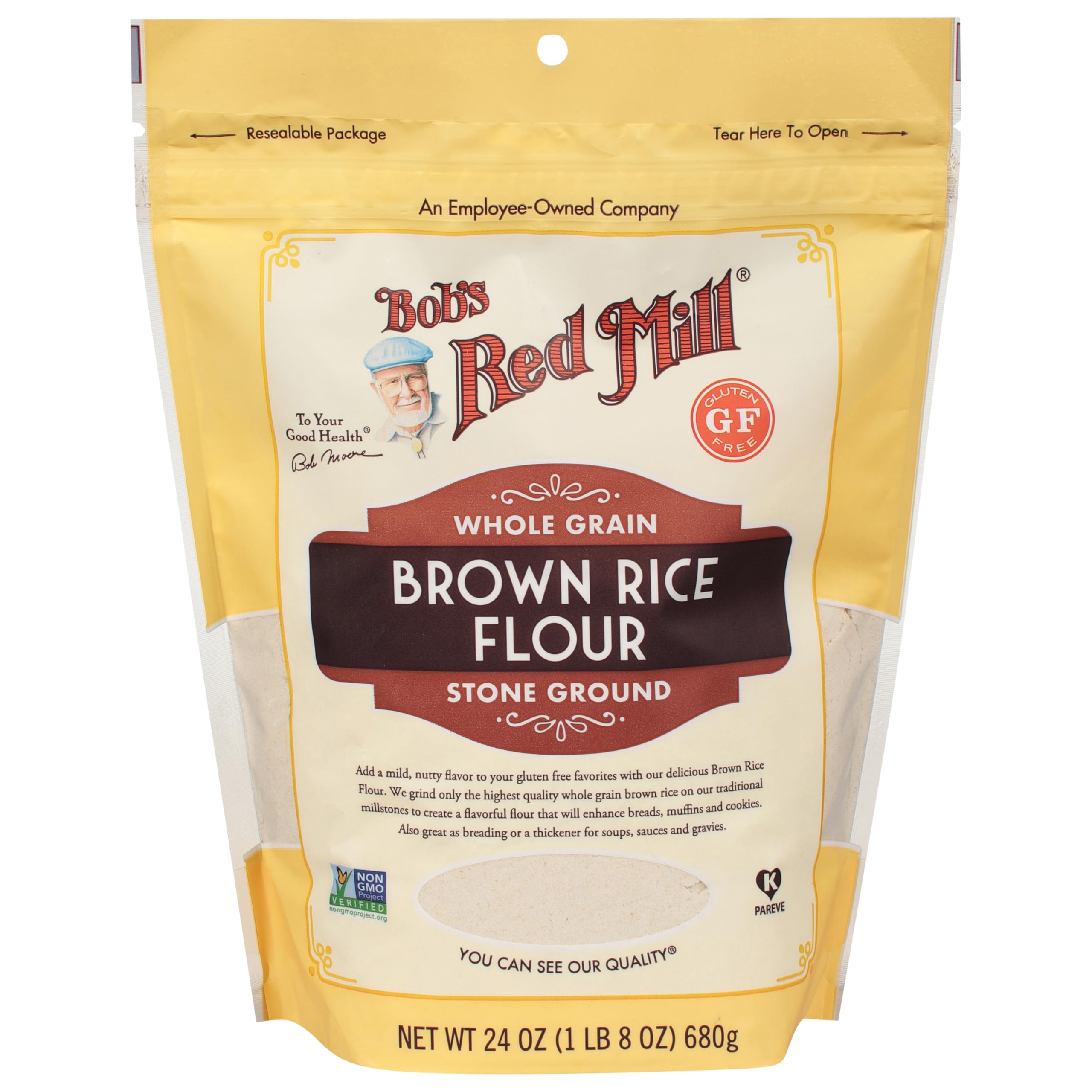 Bob's Red Mill Brown Rice Flour close-up shows fine grind for smooth gluten-free batters.