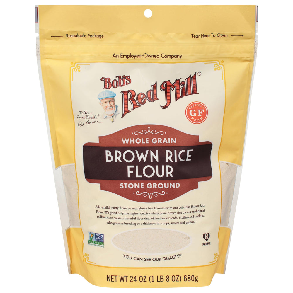 Bob's Red Mill Brown Rice Flour close-up shows fine grind for smooth gluten-free batters.