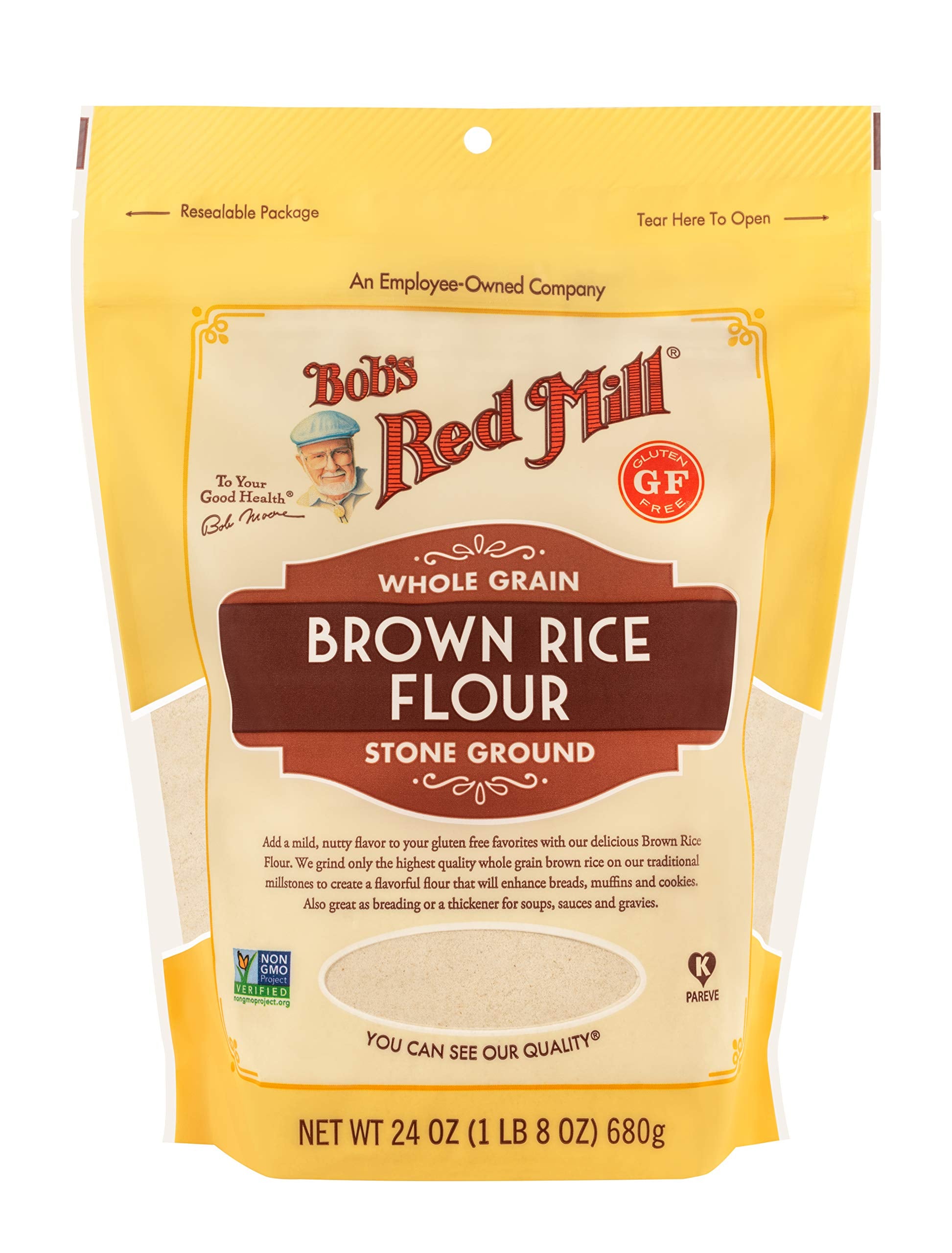 Bob's Red Mill Brown Rice Flour grains close-up highlight whole grain texture and nutty flavor.