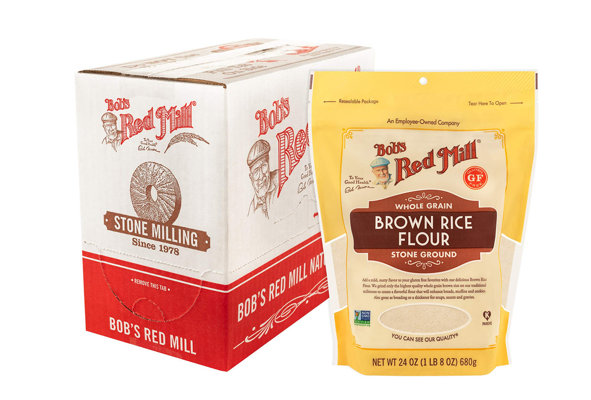 Bob's Red Mill Brown Rice Flour packaging in a 4-pack for gluten-free baking.