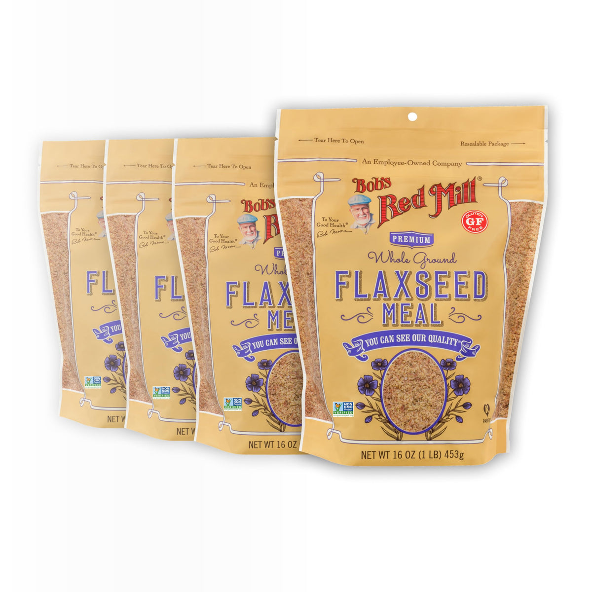 Bob's Red Mill Flaxseed Meal 4-pack label highlights non-GMO and gluten-free benefits
