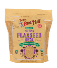Bob's Red Mill Organic Golden Flaxseed Meal bottle shows omega-3 rich powder for smoothies