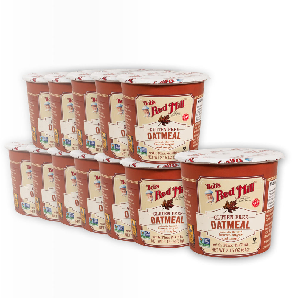 Bob's Red Mill GF Oatmeal Cup packaging for grab-and-go gluten-free breakfast