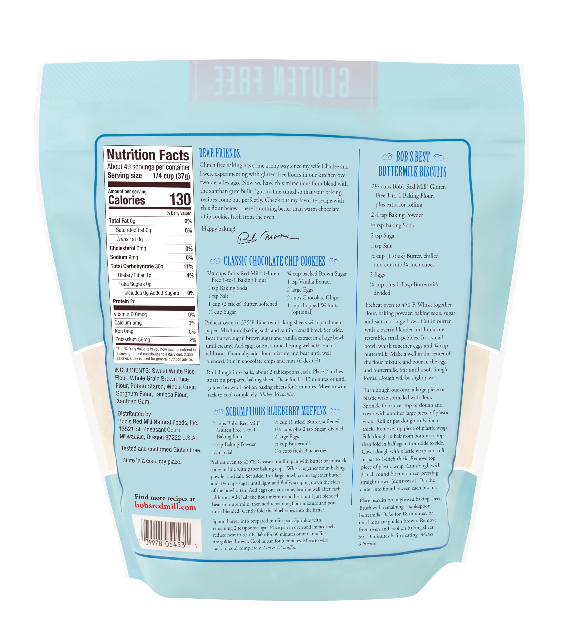 Bob's Red Mill gluten free 1-to-1 flour pour shot, enabling smooth batter and even baking