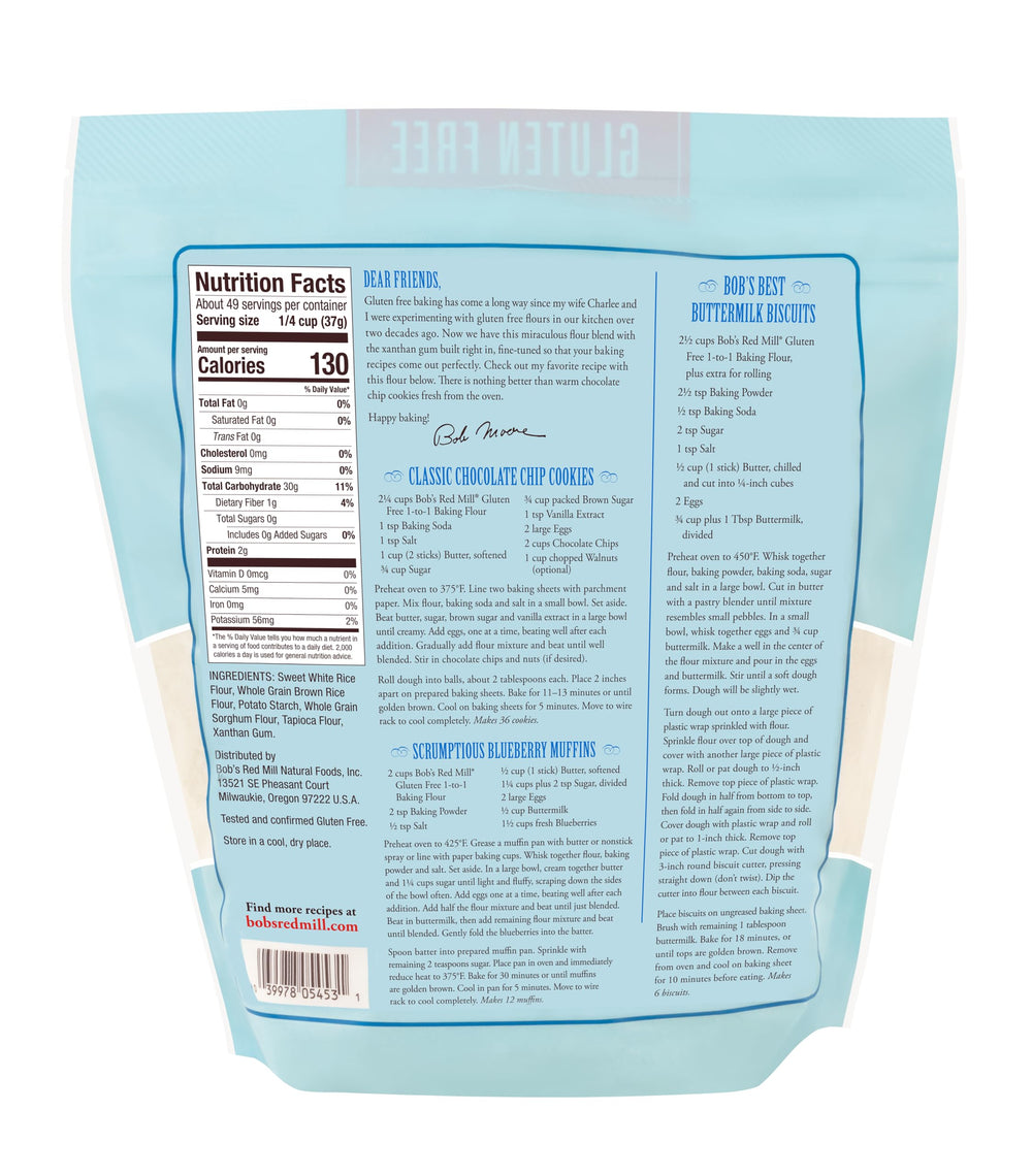 Bob's Red Mill gluten free 1-to-1 flour pour shot, enabling smooth batter and even baking