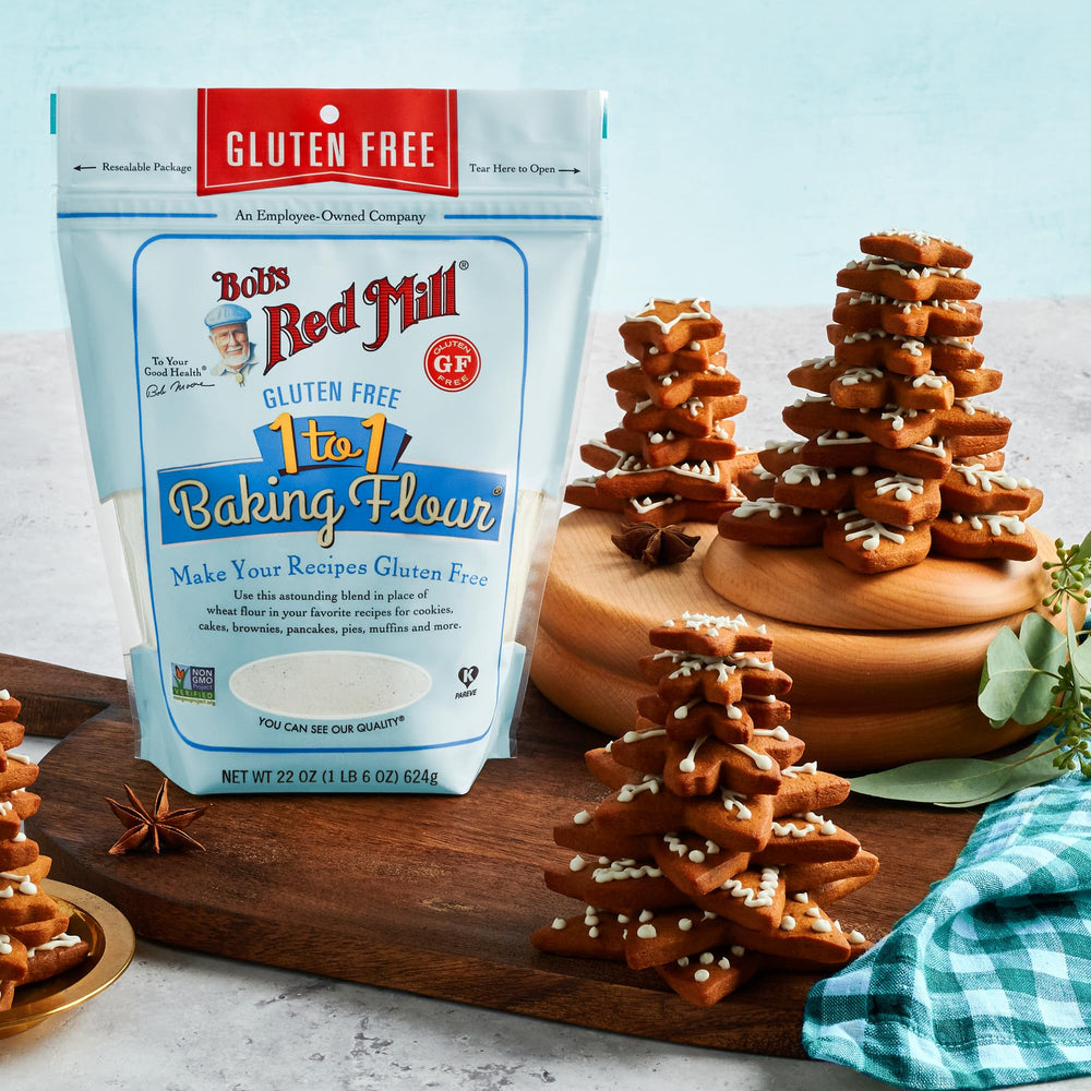 Bob's Red Mill measuring cups alongside flour encourage 1-to-1 substitutions.