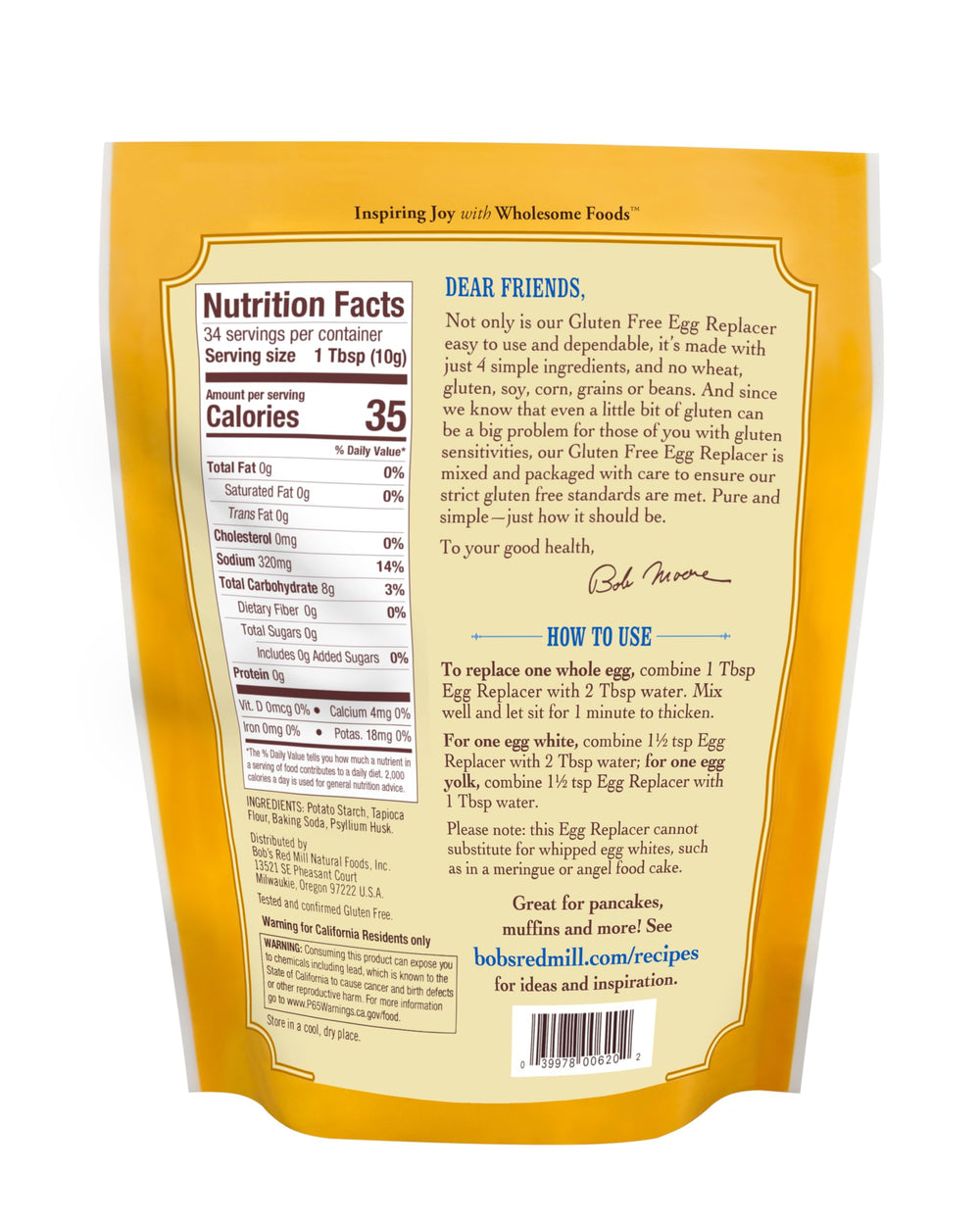 Bob's Red Mill egg replacer bag label shows 34 eggs equivalent for easy baking