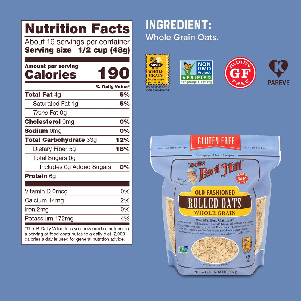 Bob's Red Mill oats package highlighting gluten free and non-GMO quality