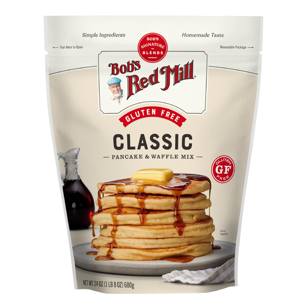 Pancakes cooking on a griddle with Bob's Red Mill mix