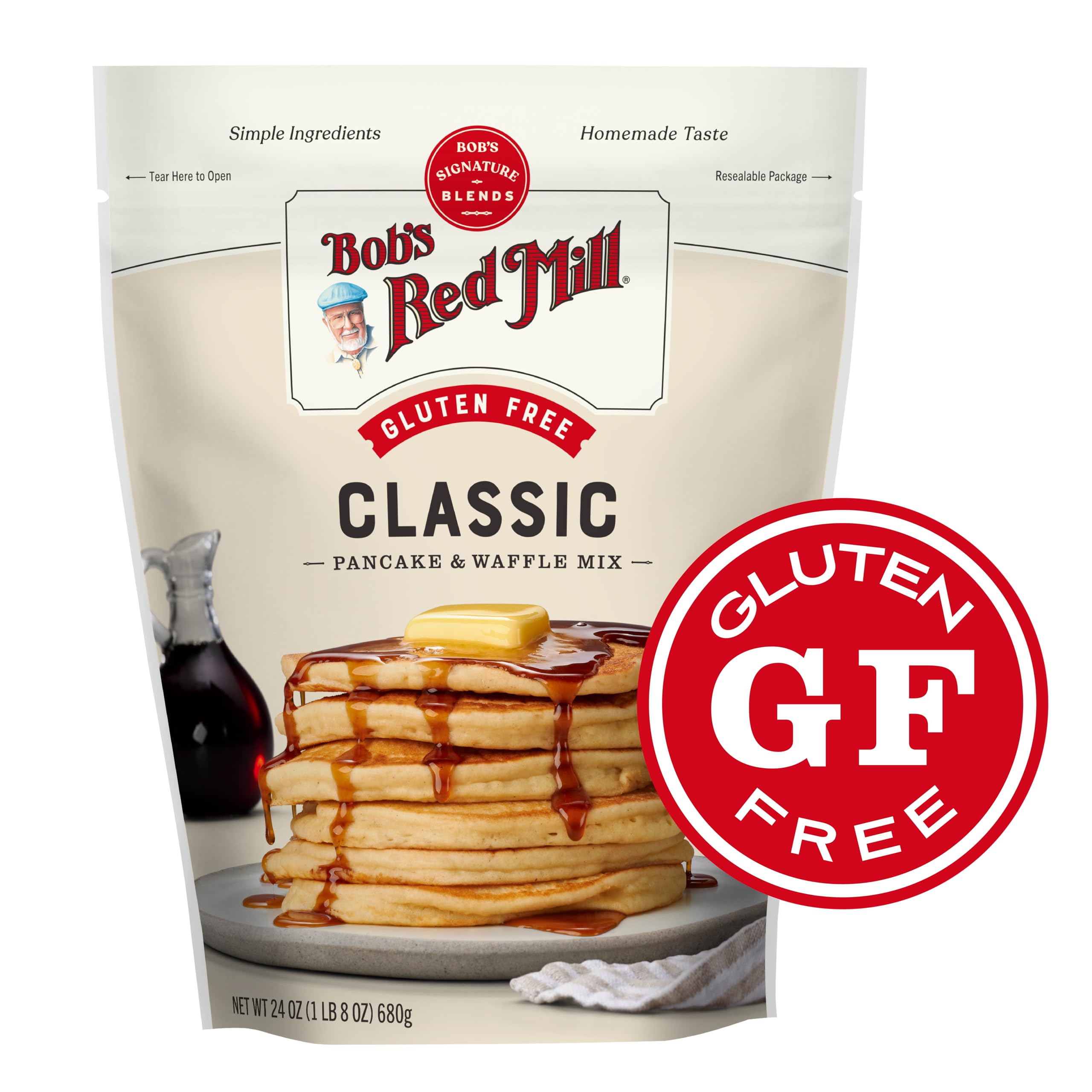 Boxed Bob's Red Mill Gluten Free Pancake Mix on a store shelf highlighting GF option