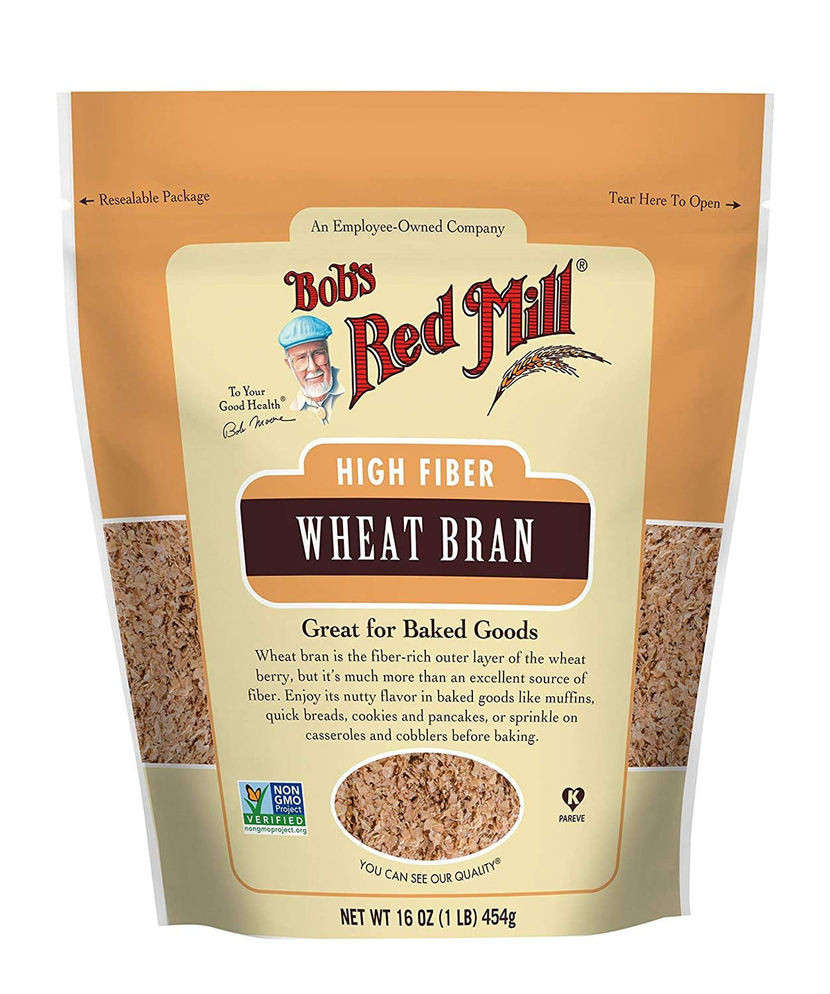 Bob's Red Mill high fiber wheat bran bag 1 highlights a fiber-rich ingredient for breakfasts and baking.