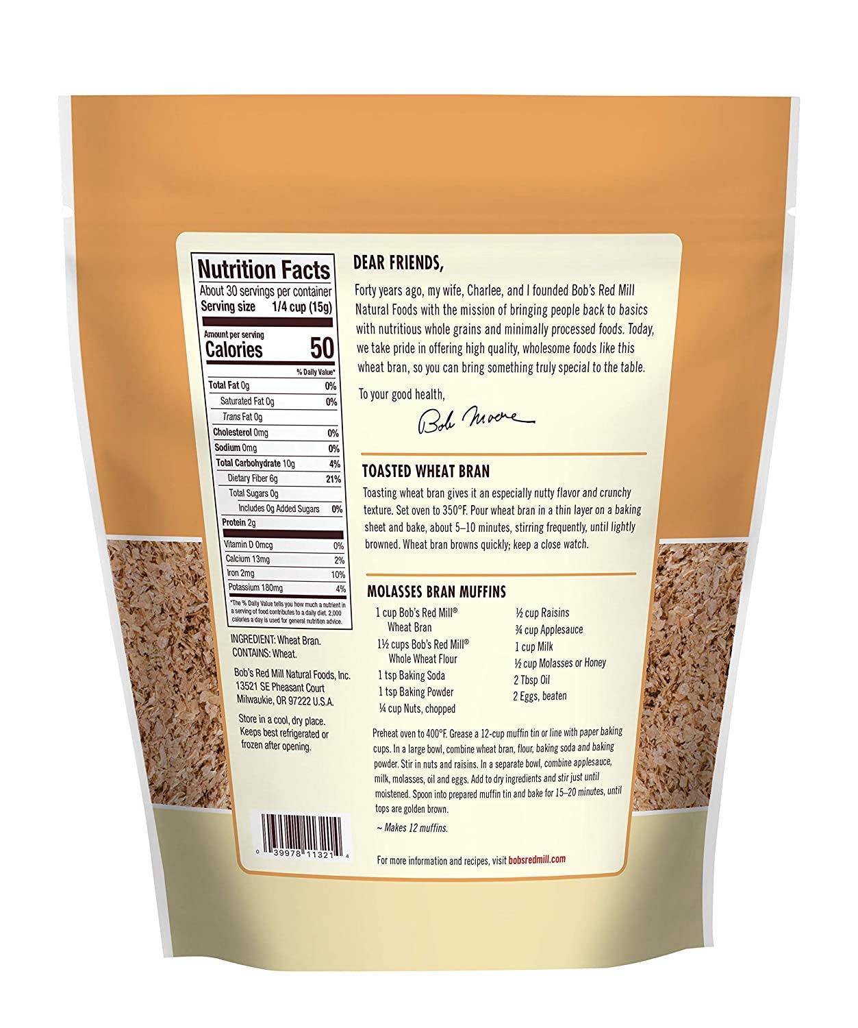 Bob's Red Mill high fiber wheat bran bag 2 ideal for adding bulk to cereals and baked goods.