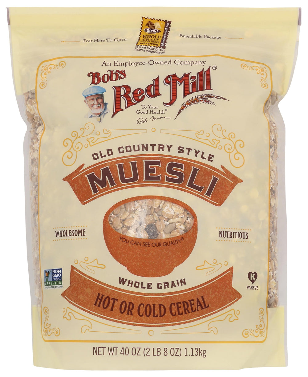 Bob's Red Mill Old Country Style Muesli in a bowl with milk for a hearty breakfast