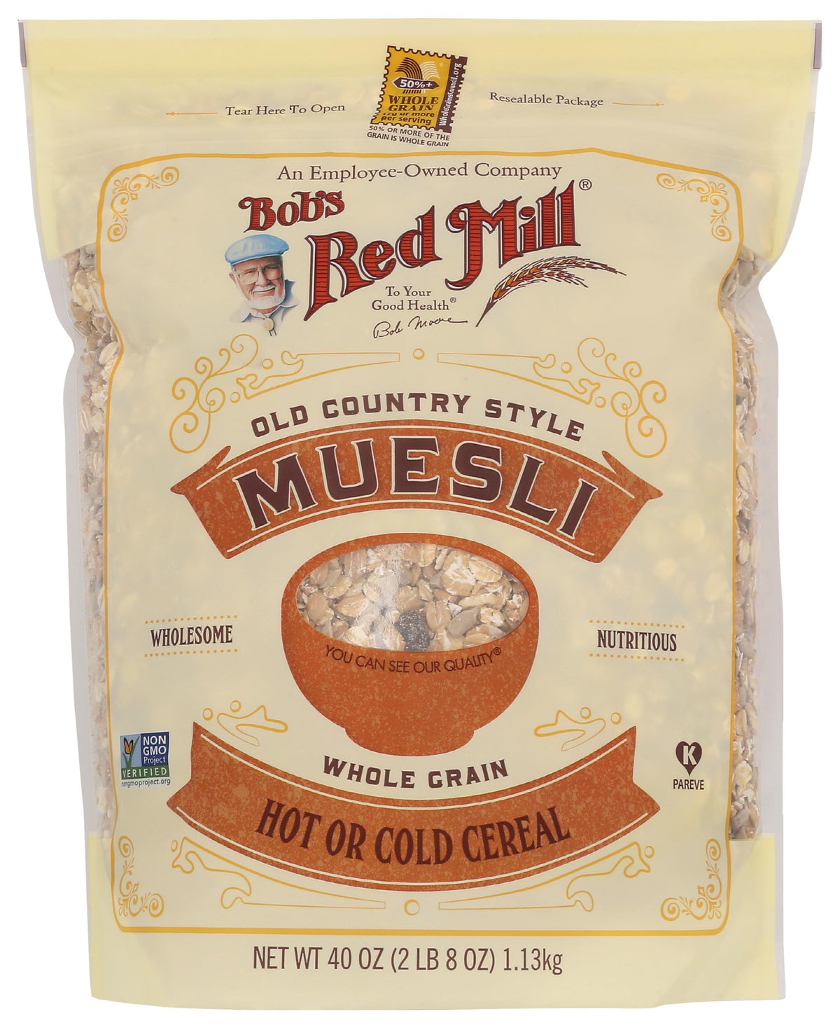 Bob's Red Mill Old Country Style Muesli in a bowl with milk for a hearty breakfast
