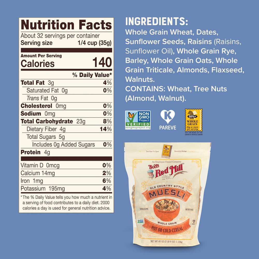 Old Country Style Muesli ingredients including oats and nuts highlight wholesome whole grains.
