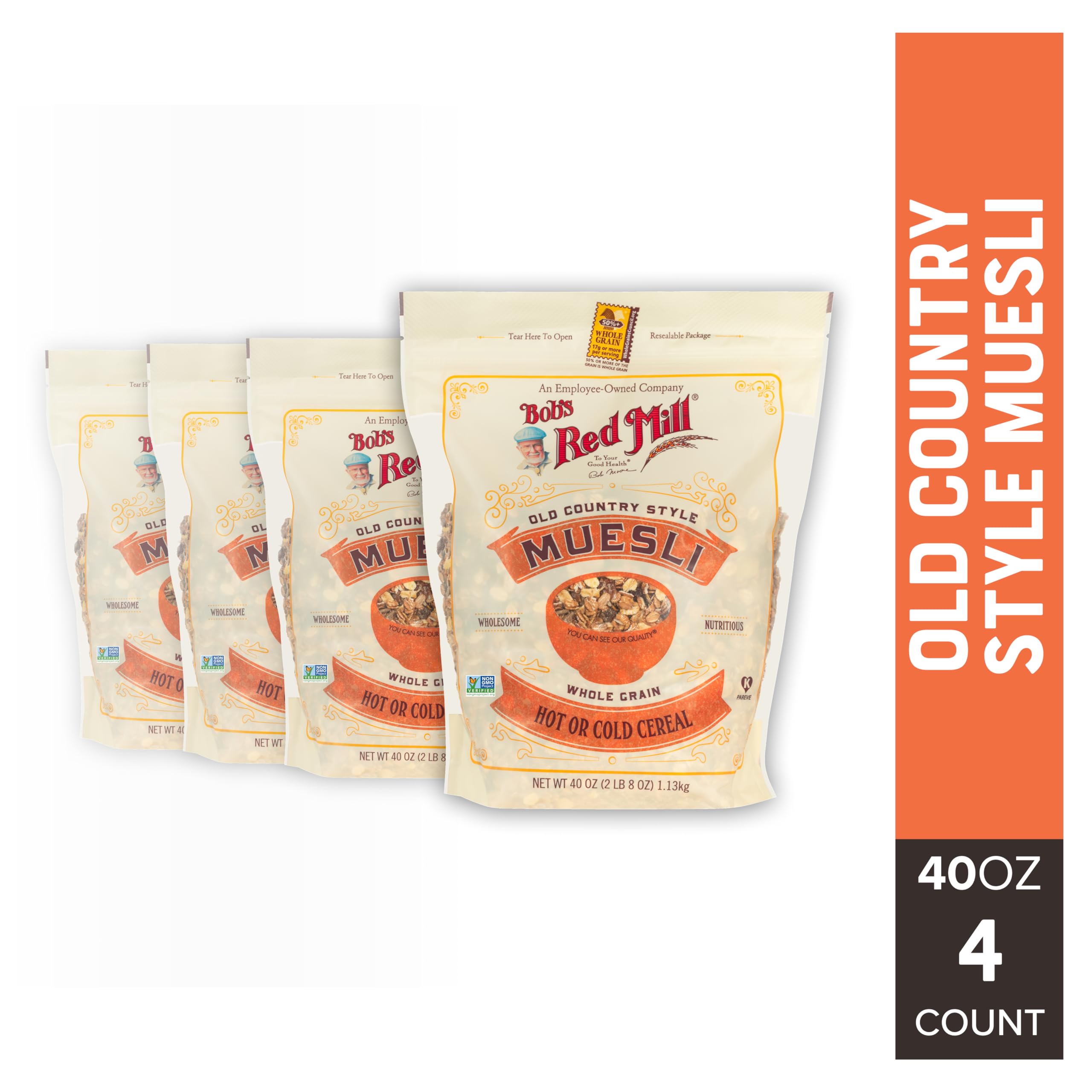Bob's Red Mill Old Country Style Muesli four-pack format helps stocking up and meal-prep convenience.