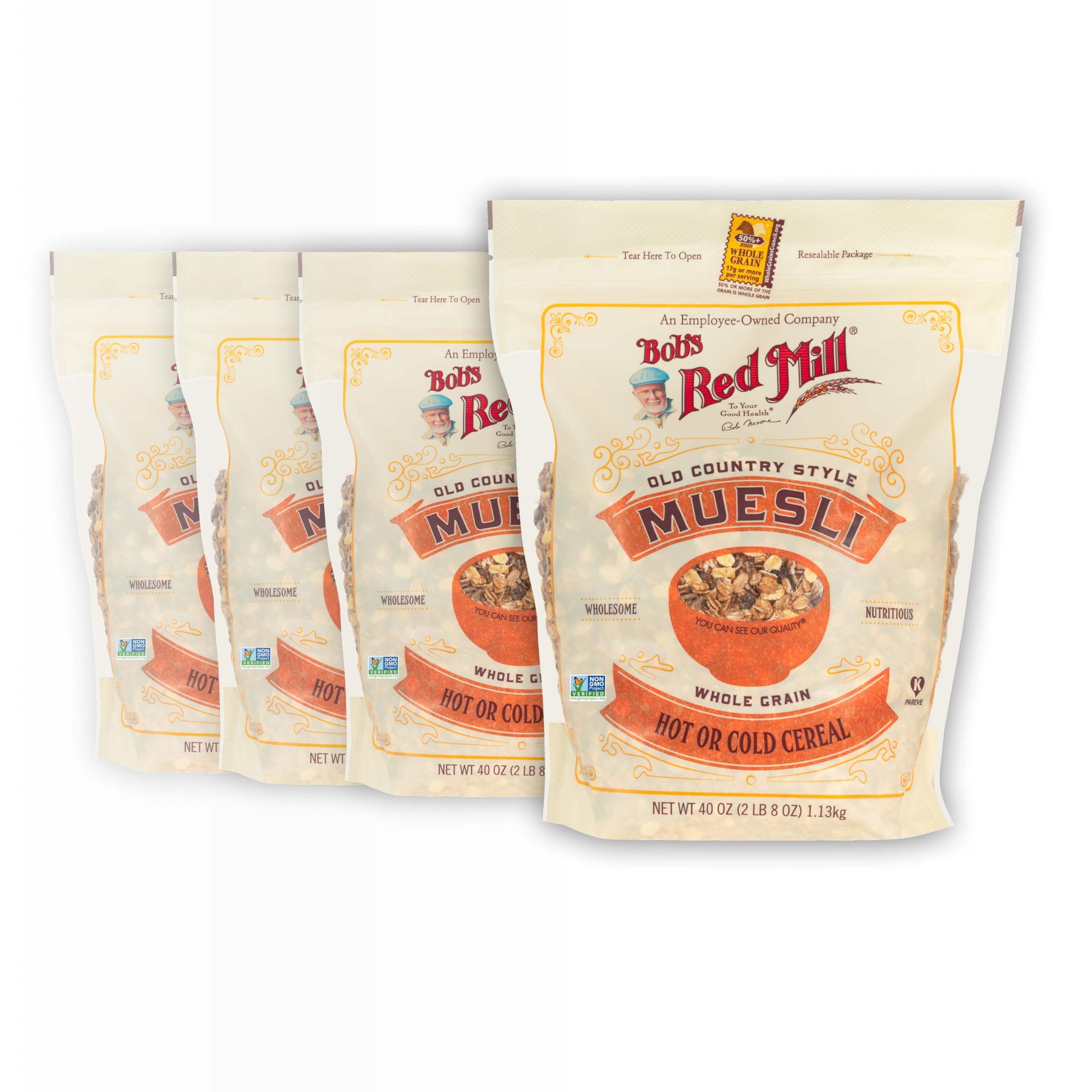 Bob's Red Mill Old Country Style Muesli packaging in a four-pack for pantry-friendly breakfasts.
