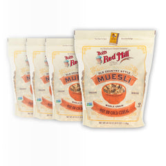 Bob's Red Mill Old Country Style Muesli packaging in a four-pack for pantry-friendly breakfasts.