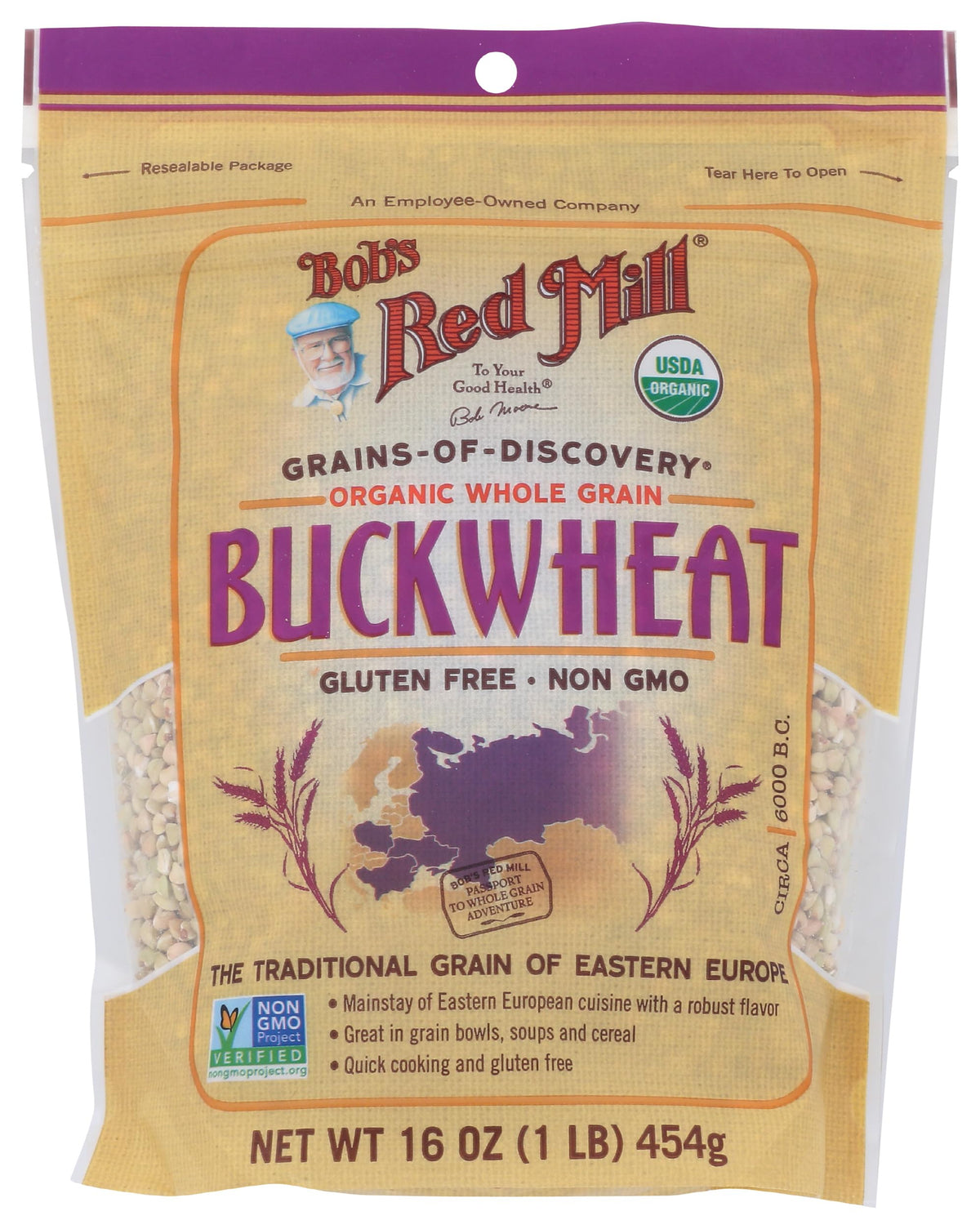 Bob's Red Mill organic buckwheat groats in a bag, gluten-free pantry staple for soups and salads.