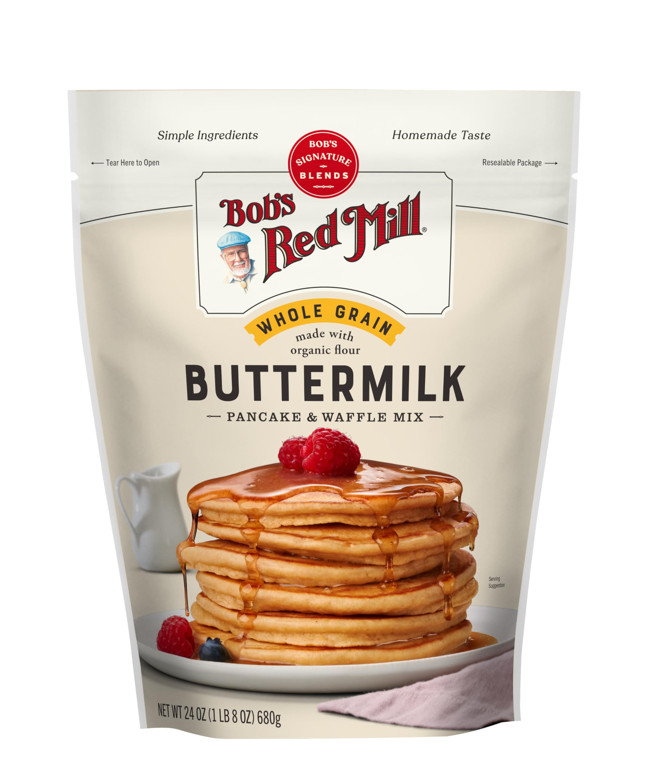 Bob's Red Mill organic buttermilk pancake-waffle mix packaging for quick breakfasts