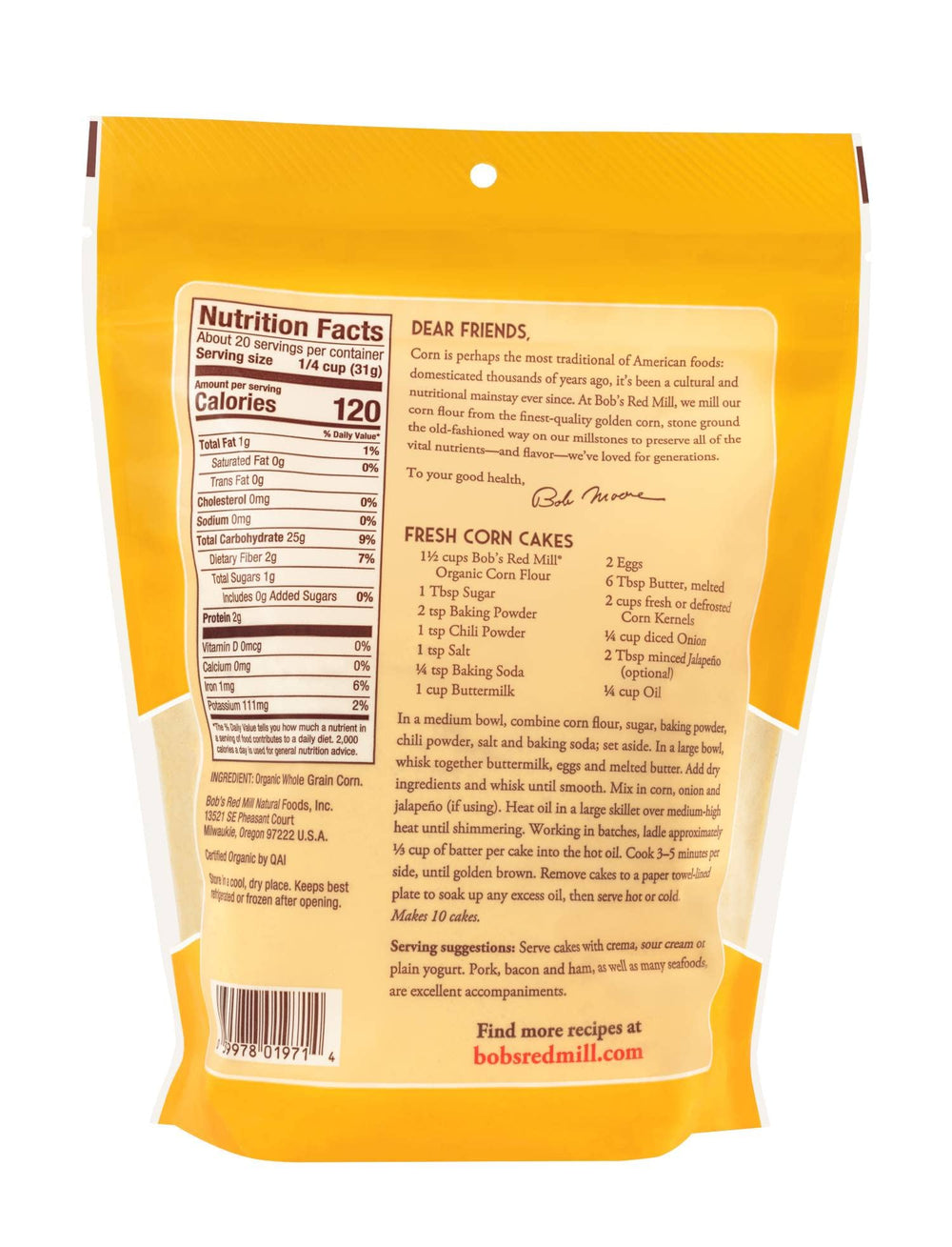 Bob's Red Mill Organic Corn Flour label close-up highlighting organic certification and stone-ground texture.