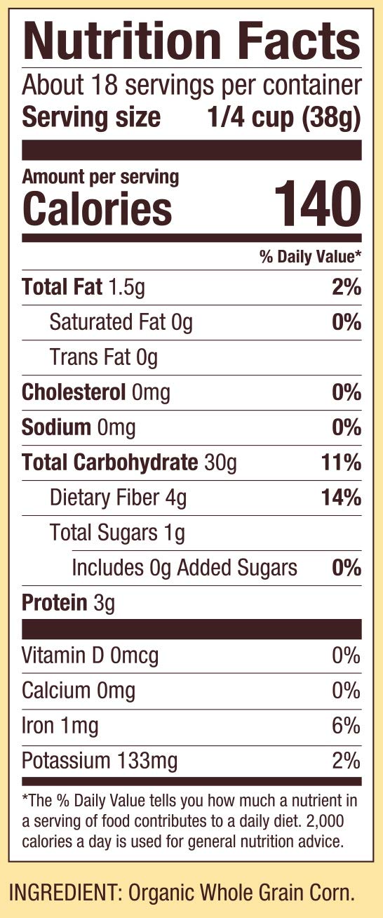 Bob's Red Mill cornmeal shows 14% DV fiber on the packaging for easy reference