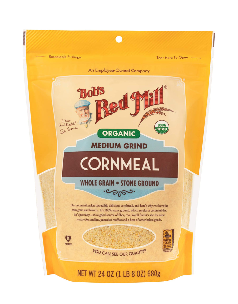 Bob's Red Mill cornmeal muffins and pancakes ready to mix in a bowl shot