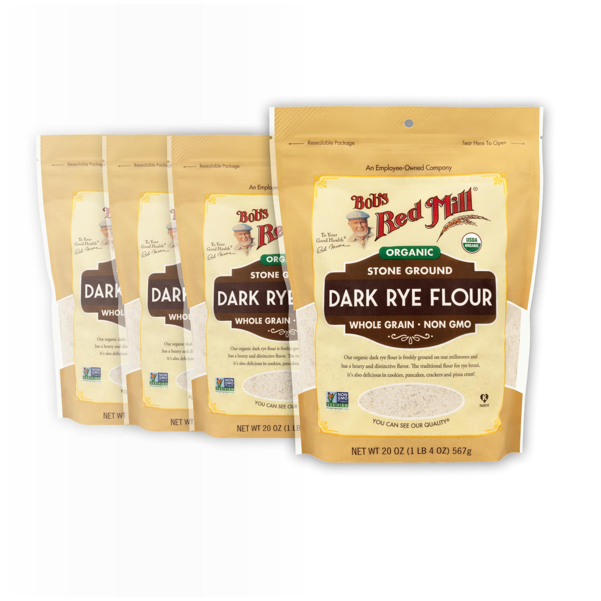 Bob's Red Mill Organic Dark Rye Flour packaging highlights whole grain goodness