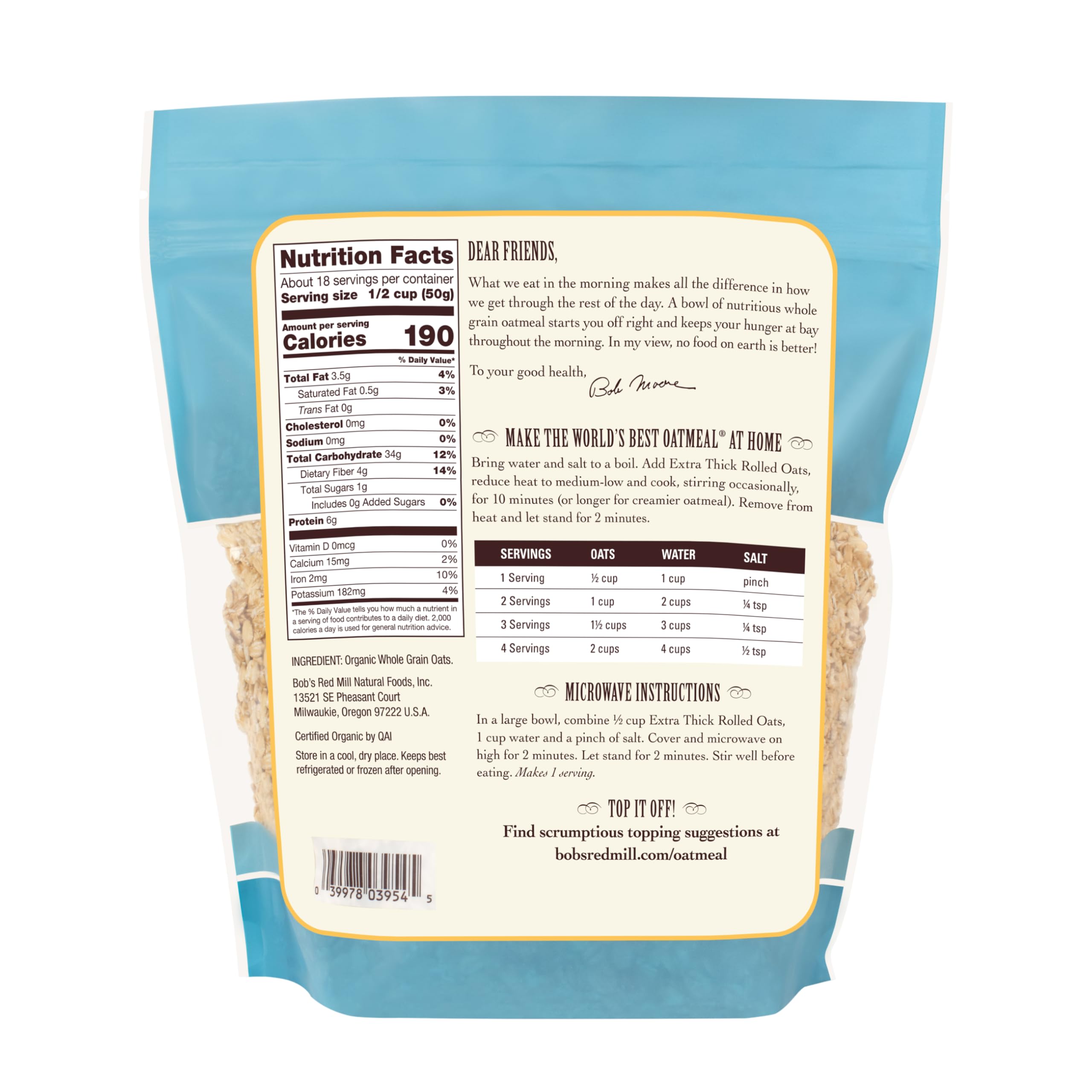 Bob's Red Mill Organic Extra Thick Oats bowl prepared for a hearty breakfast