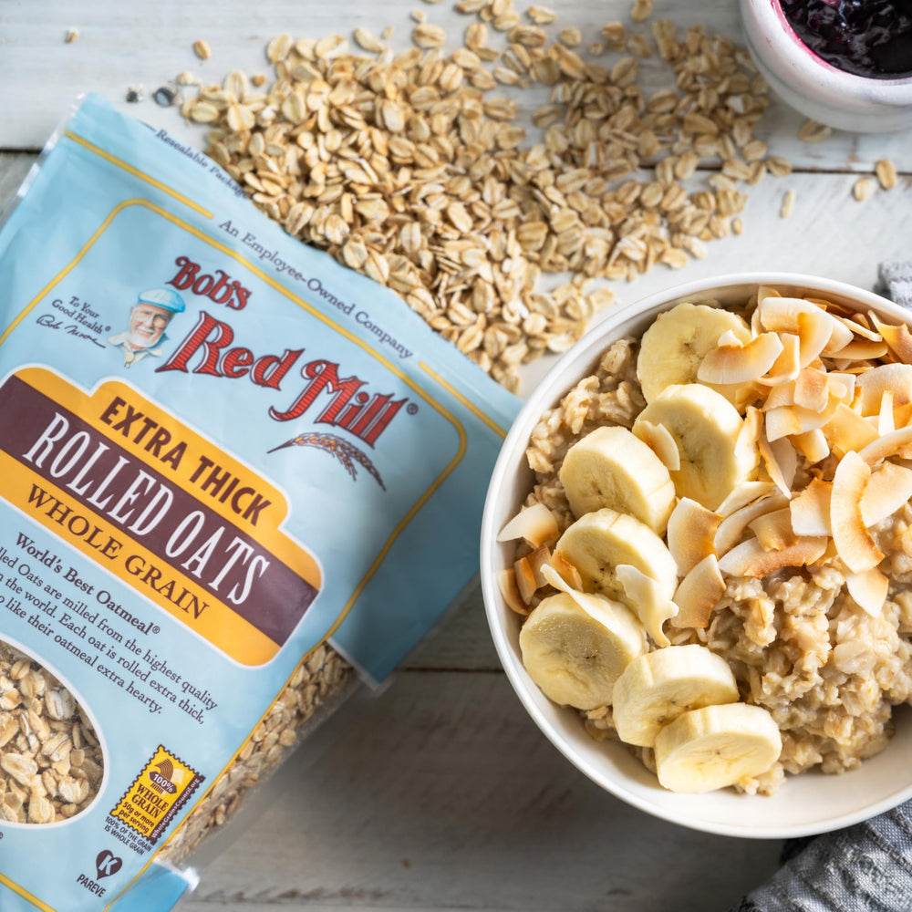 Bob's Red Mill Organic Extra Thick Oats breakfast bowl with fruit topping