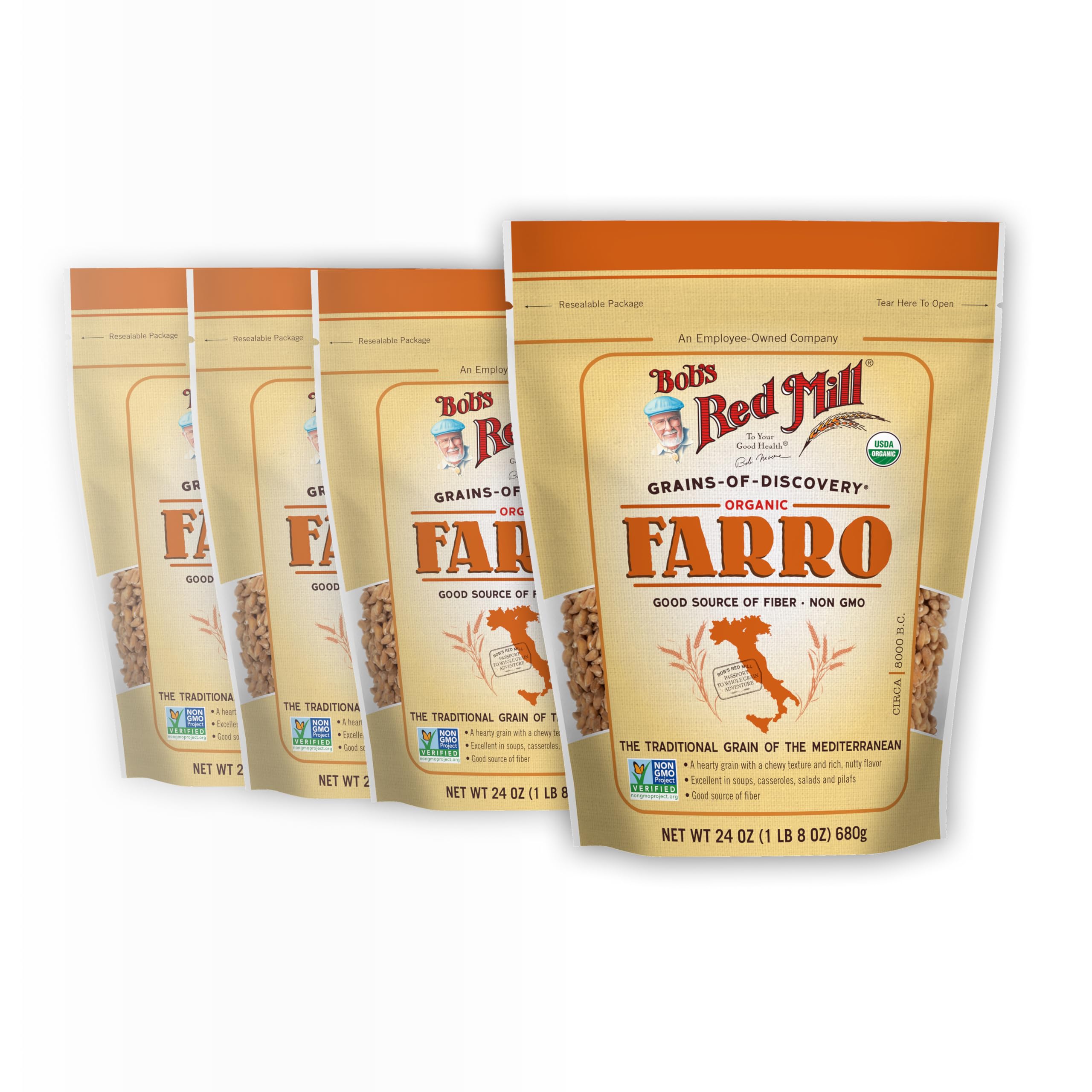 Bob's Red Mill Organic Farro grain bag, perfect for hearty bowls and salads.
