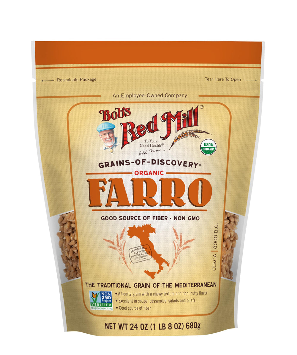 Bob's Red Mill Organic Farro salad bowl with Mediterranean textures.