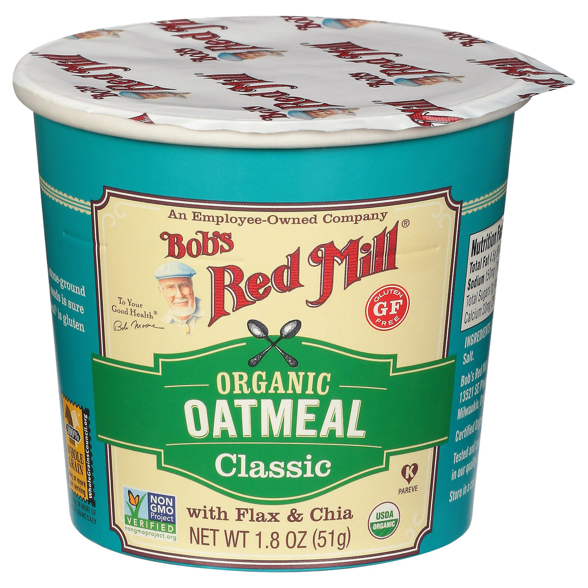 Bob's Red Mill Organic Gluten Free Oatmeal Cup with flax and chia, ready-to-eat breakfast.