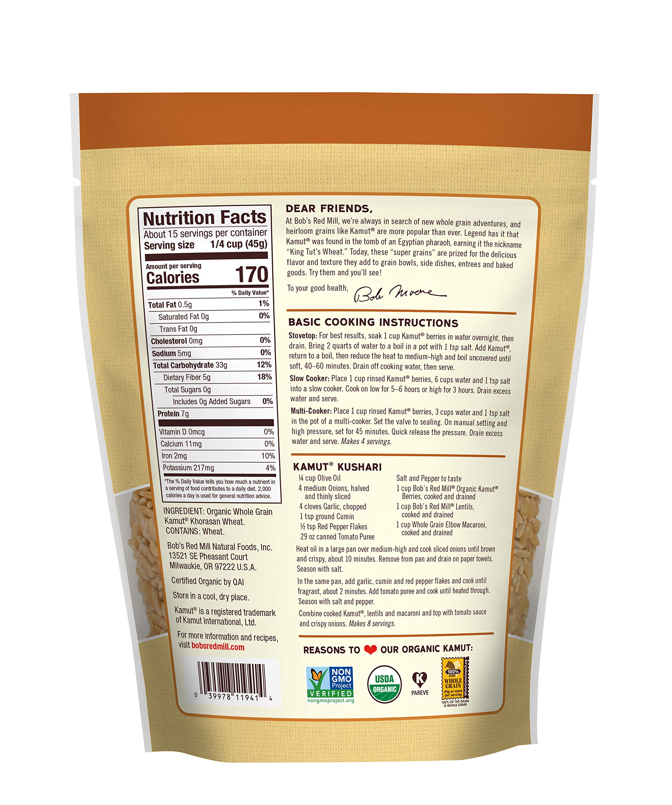 Bob's Red Mill Organic Kamut Berries cooked pilaf scene, highlighting hearty texture and flavor