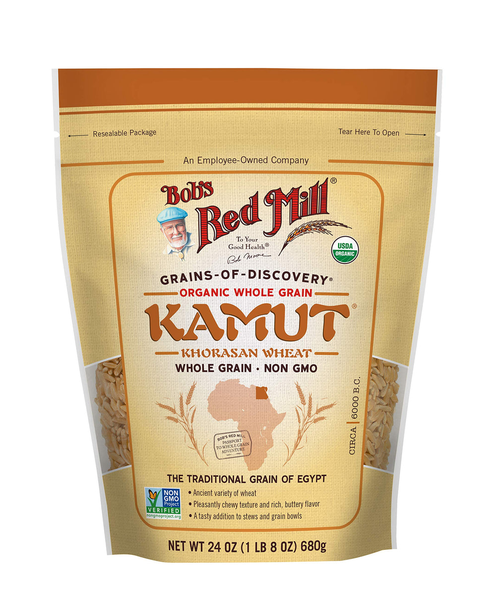 Bob's Red Mill Organic Kamut Berries kernel close-up, showcasing chewy texture and high protein