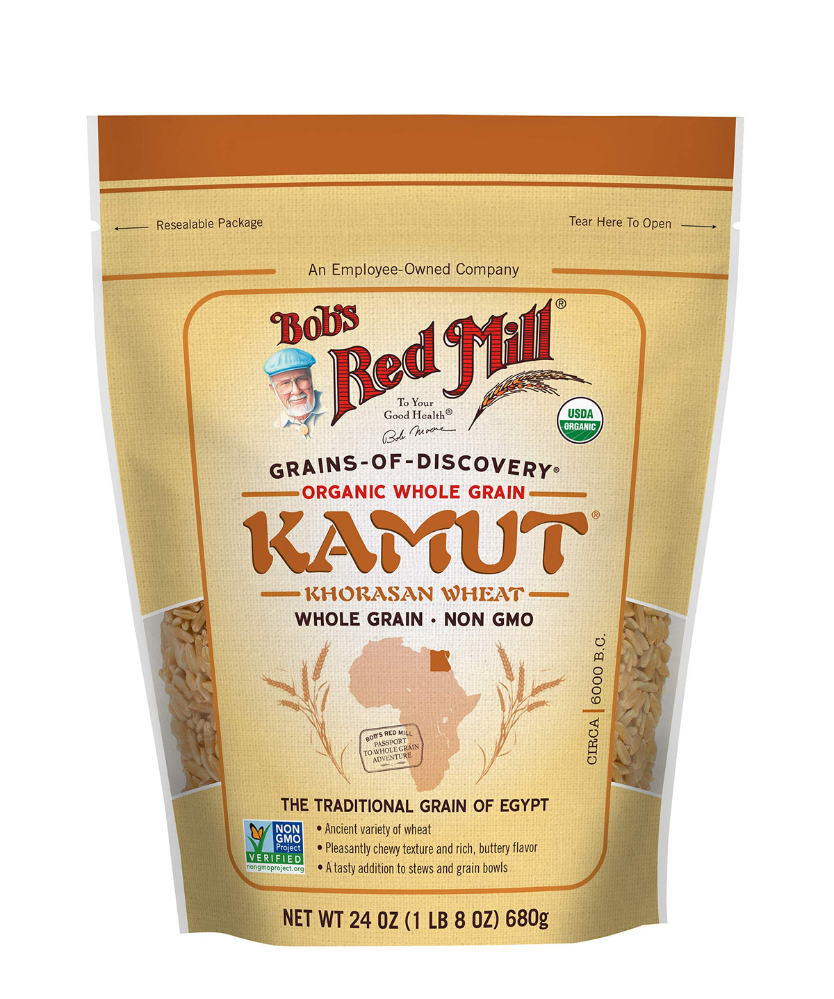 Bob's Red Mill Organic Kamut Berries kernel close-up, showcasing chewy texture and high protein