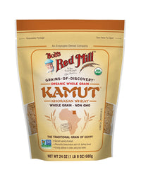 Bob's Red Mill Organic Kamut Berries kernel close-up, showcasing chewy texture and high protein