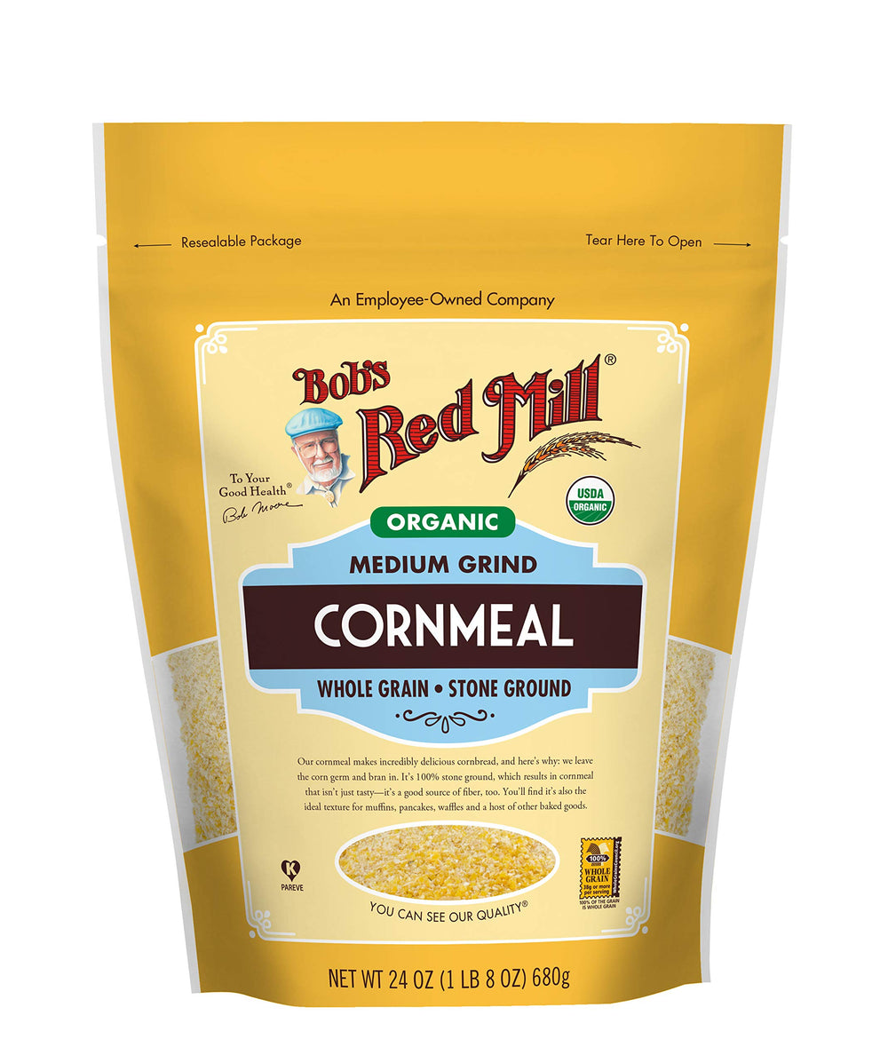 Bob's Red Mill Organic Medium Grind Cornmeal bag, ideal for baking cornbread.