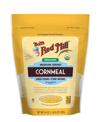 Bob's Red Mill Organic Medium Grind Cornmeal bag, ideal for baking cornbread.