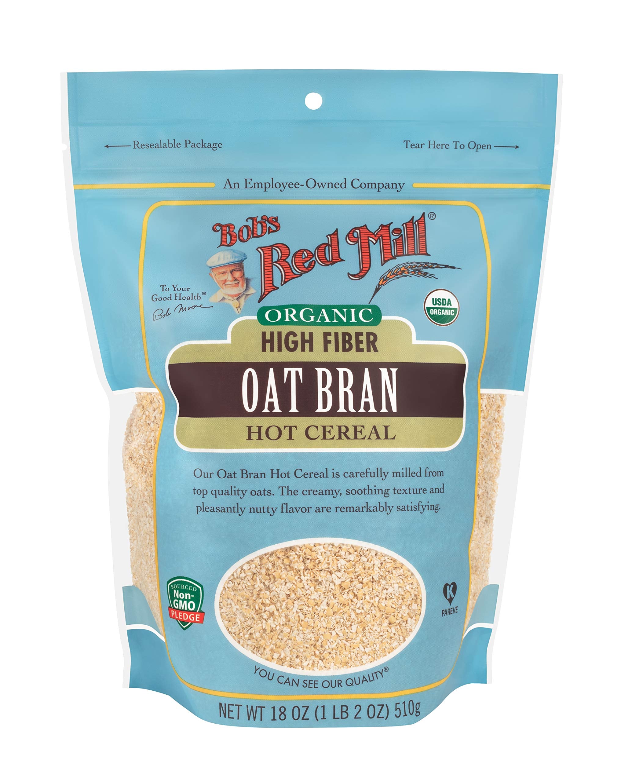 Bob's Red Mill Organic Oat Bran with a scoop showing a fiber-rich serving.