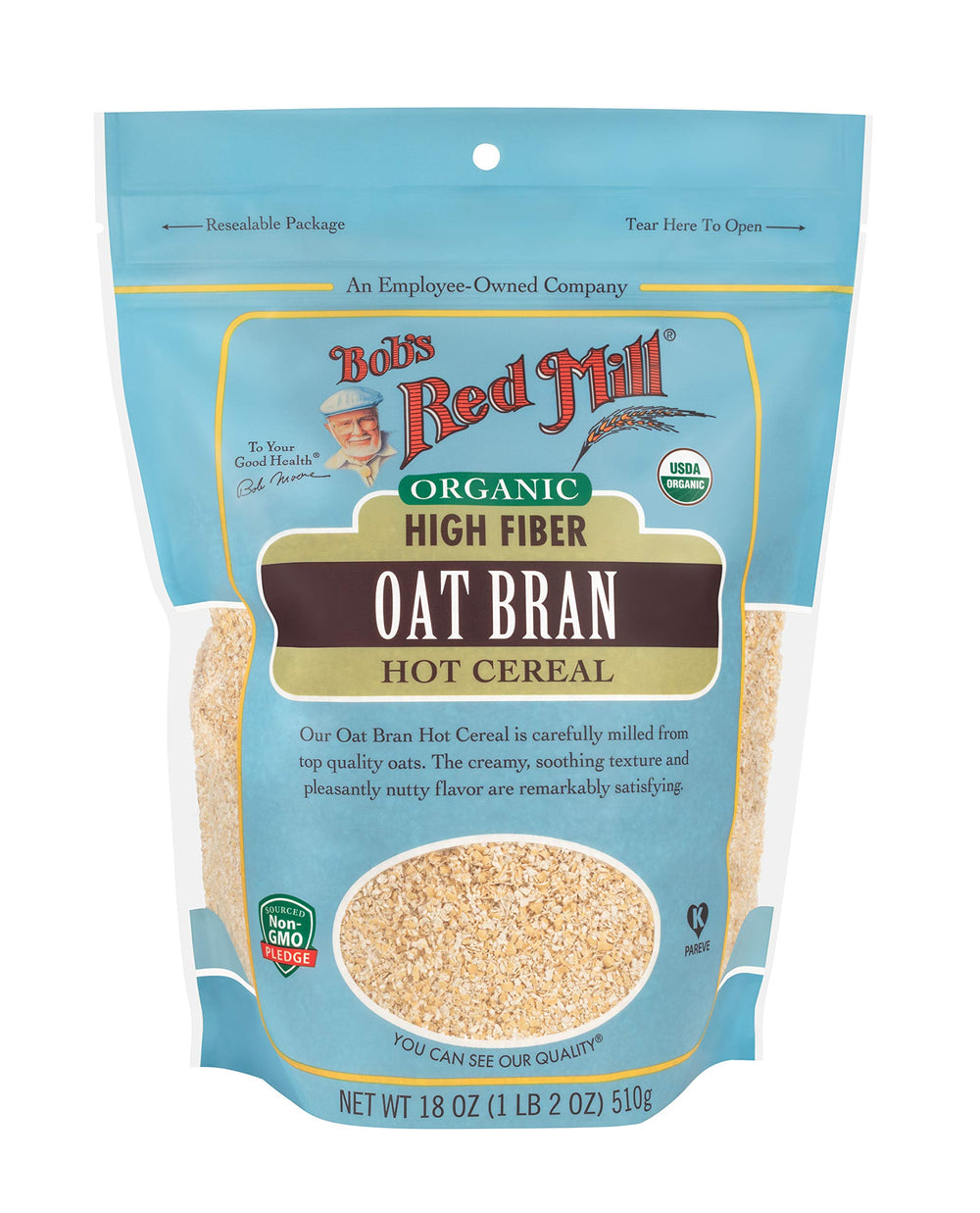 Bob's Red Mill Organic Oat Bran with a scoop showing a fiber-rich serving.