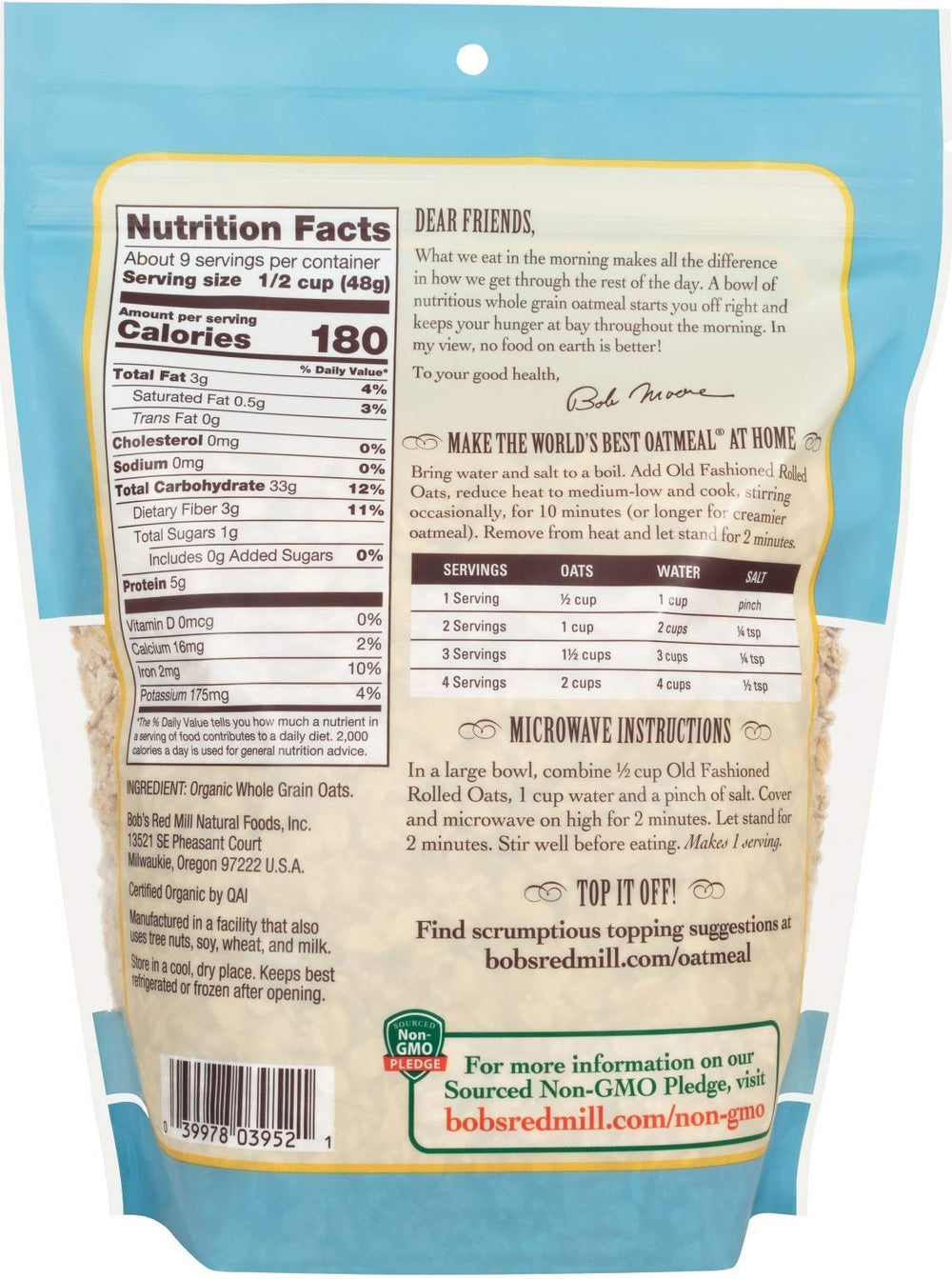 Bob's Red Mill Organic Oats Rolled Regular label highlighting organic certification