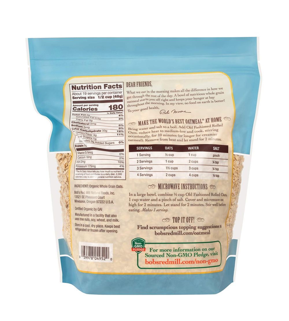 Bob's Red Mill oats pouring into a bowl for hot cereal and creamy textures.